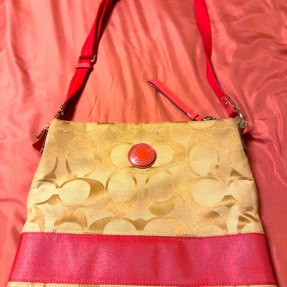 Coach Tan and Pink Crossbody Bag with Signature Monogram